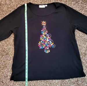 QUACKER FACTORY  JEWELED CHRISTMAS TREE LONG SLEEVED BLACK TOP SZ MEDIUM